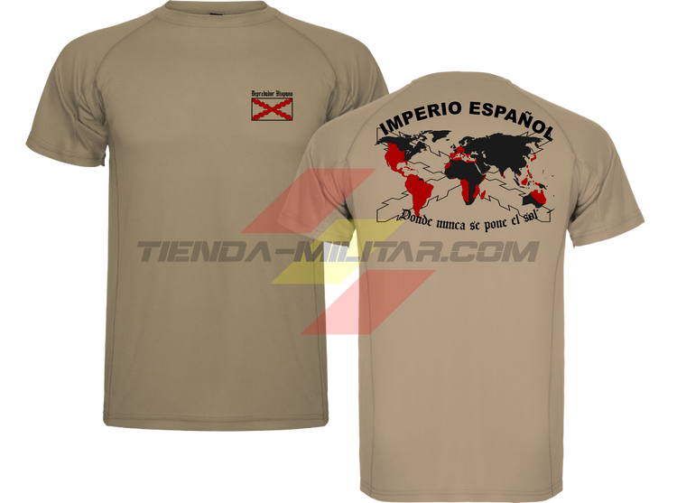Camiseta TÉCNICA en color ARENA de Depredador Hispano con la bandera de la Cruz de Borgoña y el mapa mundial con el Imperio Español, Donde Nunca se Ponía el Sol.