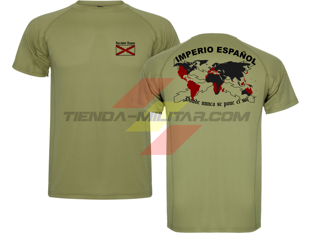 Camiseta TÉCNICA en color VERDE MILITAR de Depredador Hispano con la bandera de la Cruz de Borgoña y el mapa mundial con el Imperio Español, Donde Nunca se Ponía el Sol.