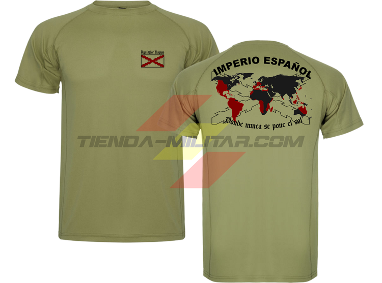 Camiseta TÉCNICA en color VERDE MILITAR de Depredador Hispano con la bandera de la Cruz de Borgoña y el mapa mundial con el Imperio Español, Donde Nunca se Ponía el Sol.