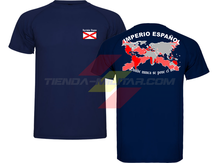 Camiseta TÉCNICA en color AZUL MARINO de Depredador Hispano con la bandera de la Cruz de Borgoña y el mapa mundial con el Imperio Español, Donde Nunca se Ponía el Sol.