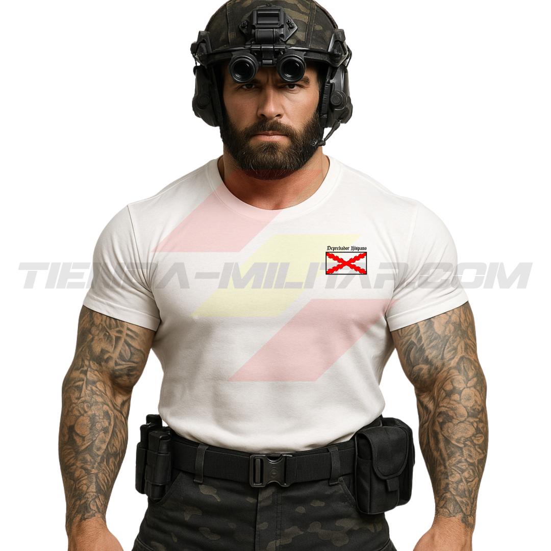 Parte DELANTERA de un SOLDADO con una  Camiseta ALGODÓN PREMIUM en color BLANCA de Depredador Hispano con la bandera de la Cruz de Borgoña y el mapa mundial con el Imperio Español, Donde Nunca se Ponía el Sol.