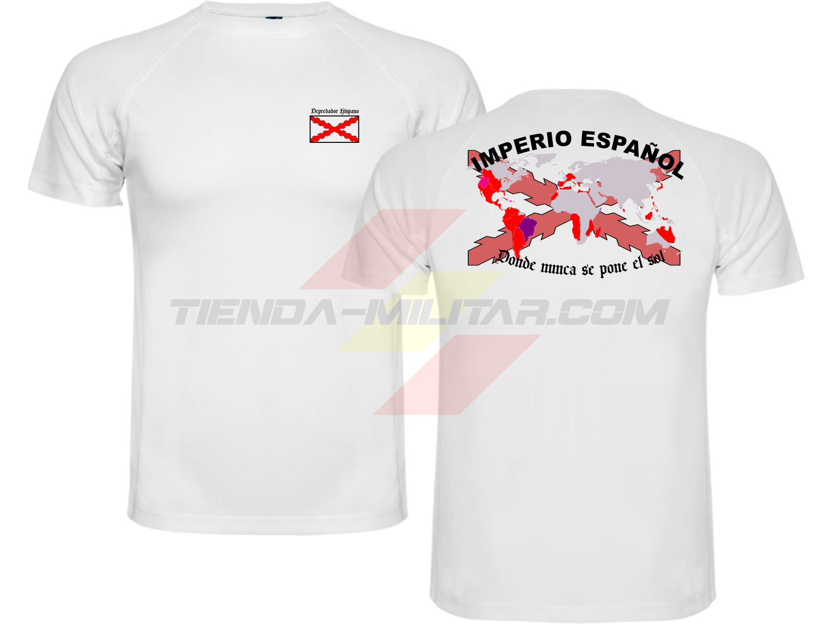 Camiseta Técnica de DEPREDADOR HISPANO con la bandera de la Cruz de Borgoña y el mapa mundial con el Imperio Español, Donde Nunca se Ponía el Sol.