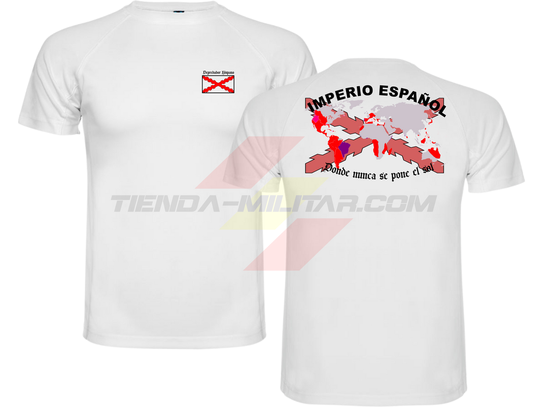 Camiseta TÉCNICA en color BLANCA de Depredador Hispano con la bandera de la Cruz de Borgoña y el mapa mundial con el Imperio Español, Donde Nunca se Ponía el Sol.