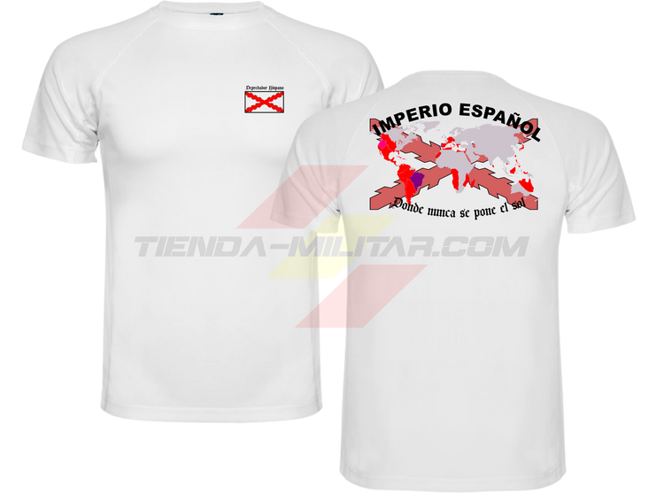 Camiseta TÉCNICA en color BLANCA de Depredador Hispano con la bandera de la Cruz de Borgoña y el mapa mundial con el Imperio Español, Donde Nunca se Ponía el Sol.