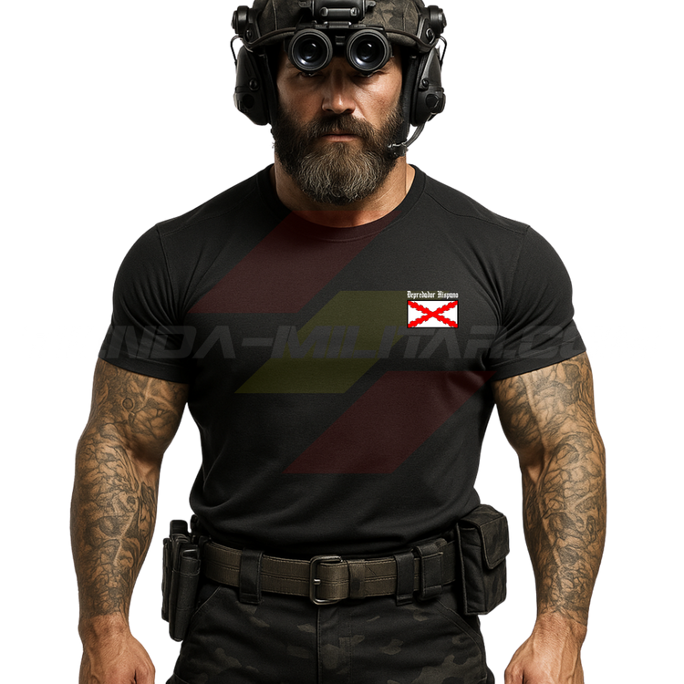 Parte DELANTERA de un SOLDADO con una  Camiseta ALGODÓN PREMIUM en color NEGRO de Depredador Hispano con la bandera de la Cruz de Borgoña y el mapa mundial con el Imperio Español, Donde Nunca se Ponía el Sol.