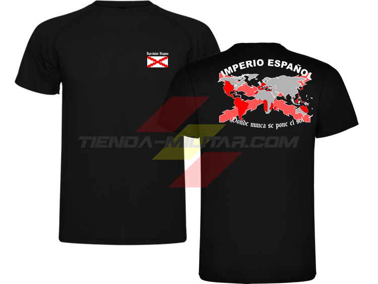 Camiseta TÉCNICA en color NEGRA de Depredador Hispano con la bandera de la Cruz de Borgoña y el mapa mundial con el Imperio Español, Donde Nunca se Ponía el Sol.