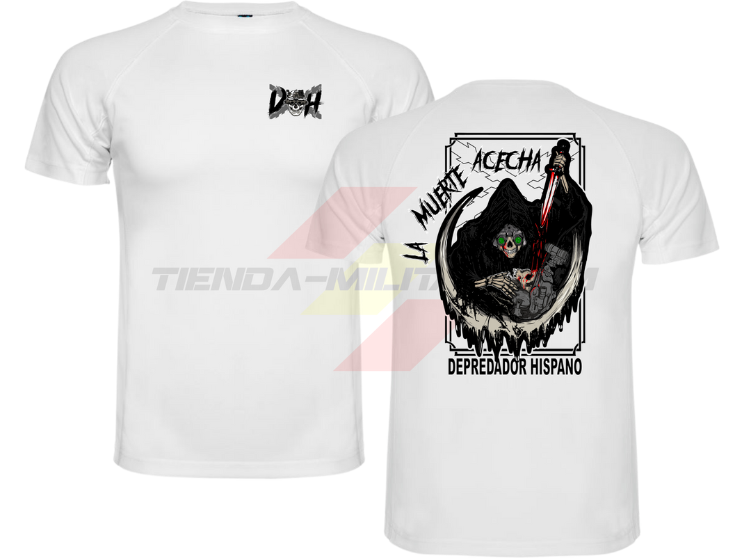Camiseta ALGODÓN en color BLANCO de Depredador Hispano con logo D✠H en el pecho y diseño trasero “La Muerte Acechando con un machete ensangrentado”.