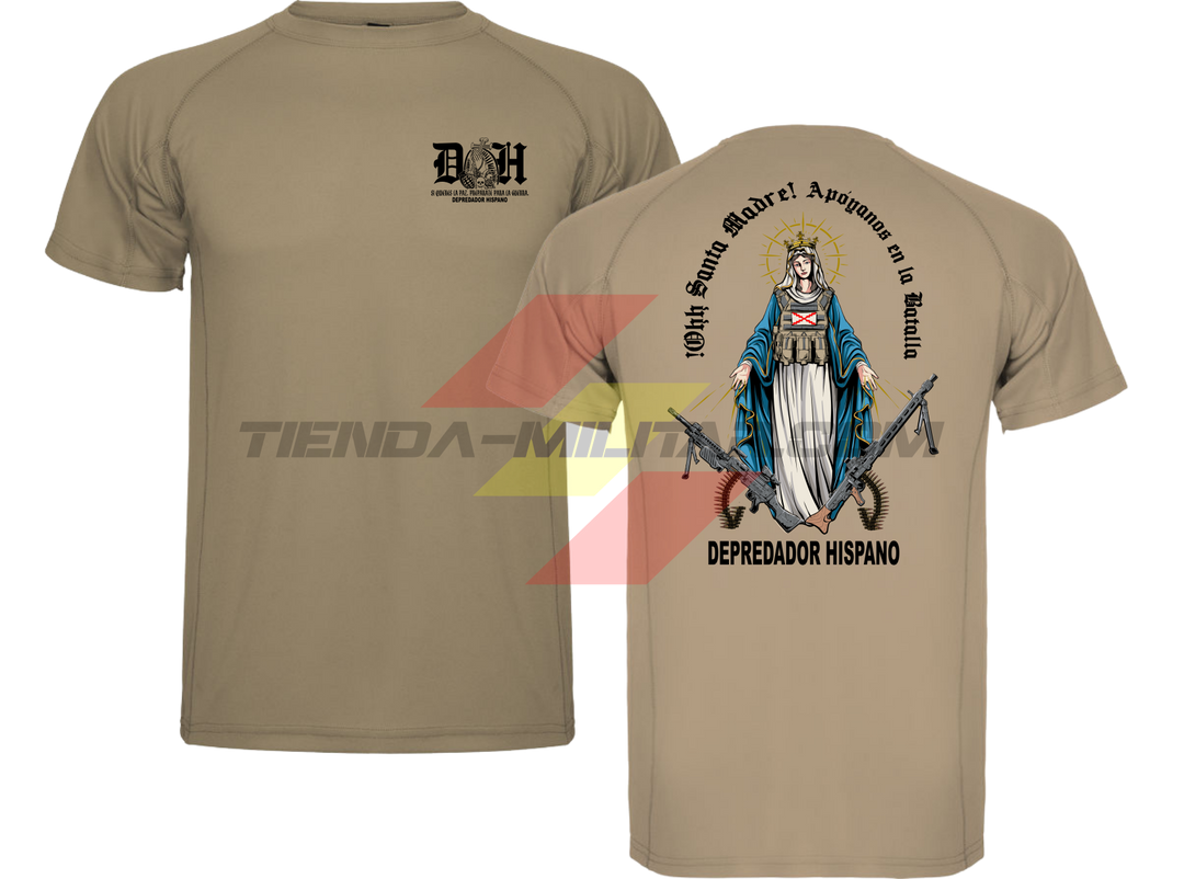 Camiseta POLIÉSTER en color ARIDA de Depredador Hispano con logo D✠H en el pecho y diseño trasero “APOYANOS EN LA BATALLA”.