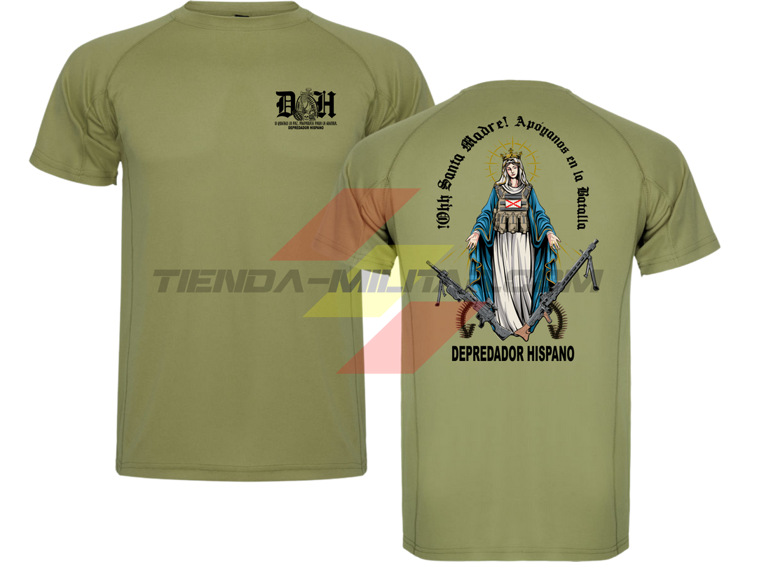 Camiseta POLIÉSTER en color VERDE MILITAR de Depredador Hispano con logo D✠H en el pecho y diseño trasero “APOYANOS EN LA BATALLA”.