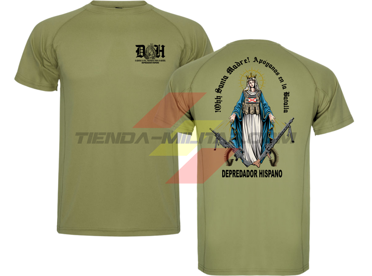 Camiseta POLIÉSTER en color VERDE MILITAR de Depredador Hispano con logo D✠H en el pecho y diseño trasero “APOYANOS EN LA BATALLA”.