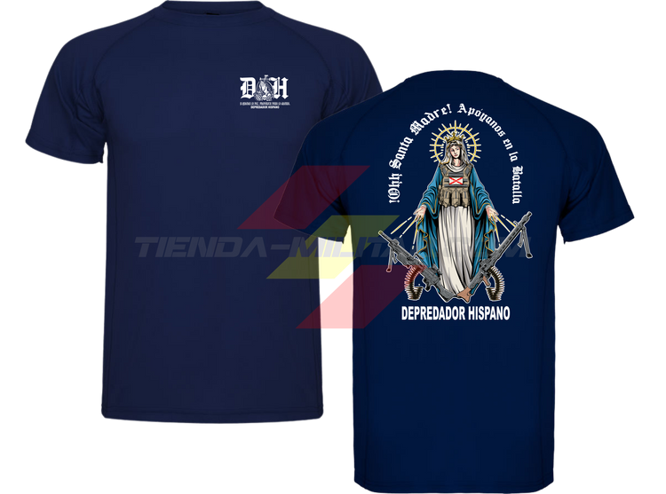Camiseta POLIÉSTER en color AZUL MARINO de Depredador Hispano con logo D✠H en el pecho y diseño trasero “APOYANOS EN LA BATALLA”.