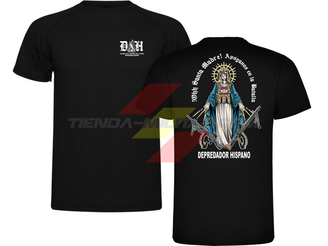 Camiseta POLIÉSTER en color NEGRO de Depredador Hispano con logo D✠H en el pecho y diseño trasero “APOYANOS EN LA BATALLA”.