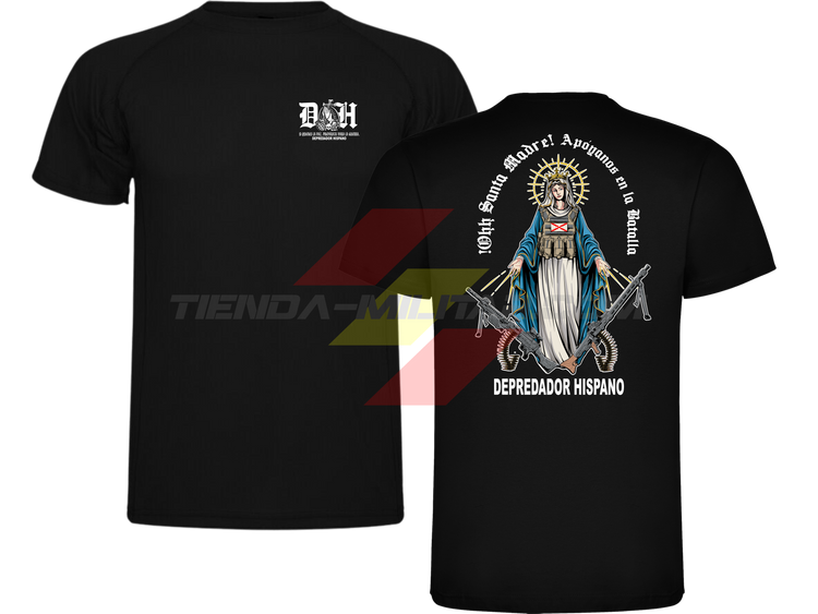 Camiseta POLIÉSTER en color NEGRO de Depredador Hispano con logo D✠H en el pecho y diseño trasero “APOYANOS EN LA BATALLA”.