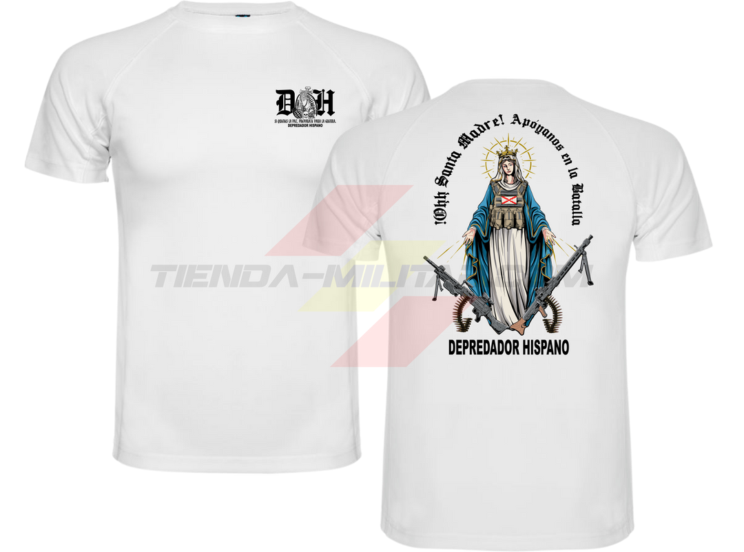 Camiseta POLIÉSTER en color BLANCO de Depredador Hispano con logo D✠H en el pecho y diseño trasero “APOYANOS EN LA BATALLA”.