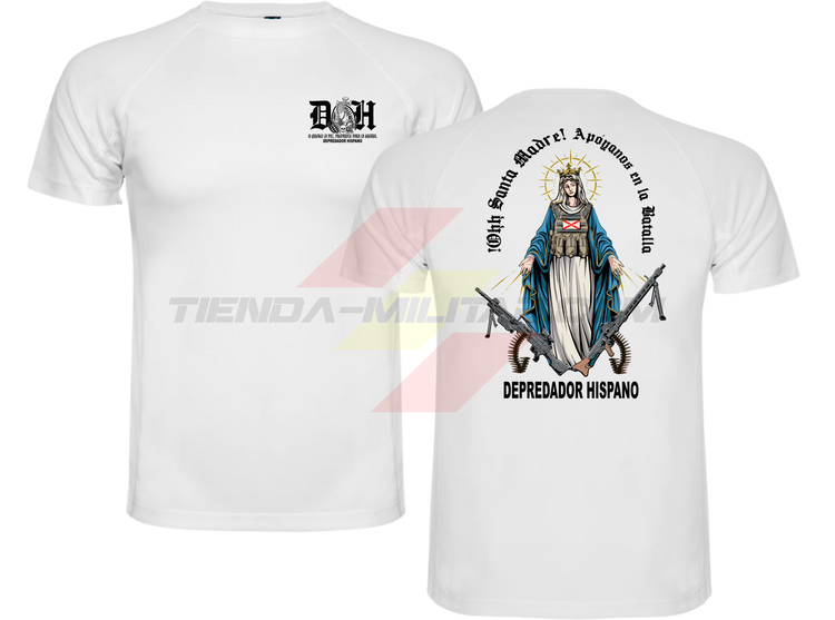 Camiseta POLIÉSTER en color BLANCO de Depredador Hispano con logo D✠H en el pecho y diseño trasero “APOYANOS EN LA BATALLA”.