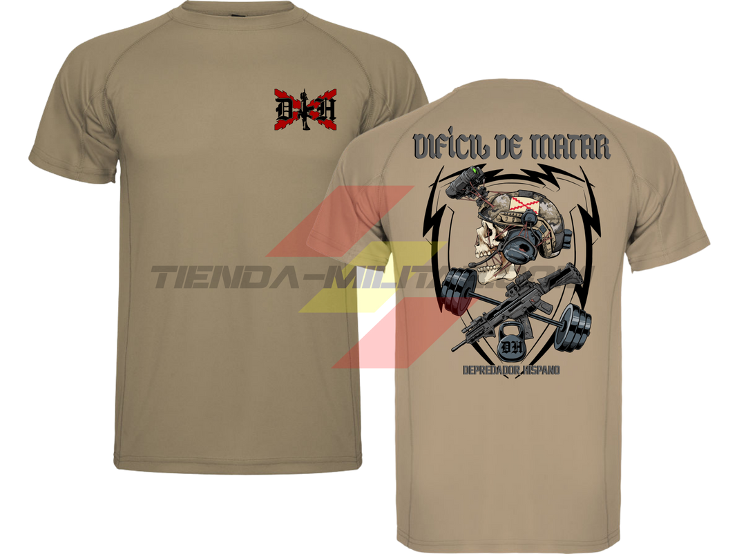 Camiseta POLIÉSTER en color ARENA OSCURO de Depredador Hispano con logo D✠H en el pecho y diseño trasero “DIFÍCIL DE MATAR”.
