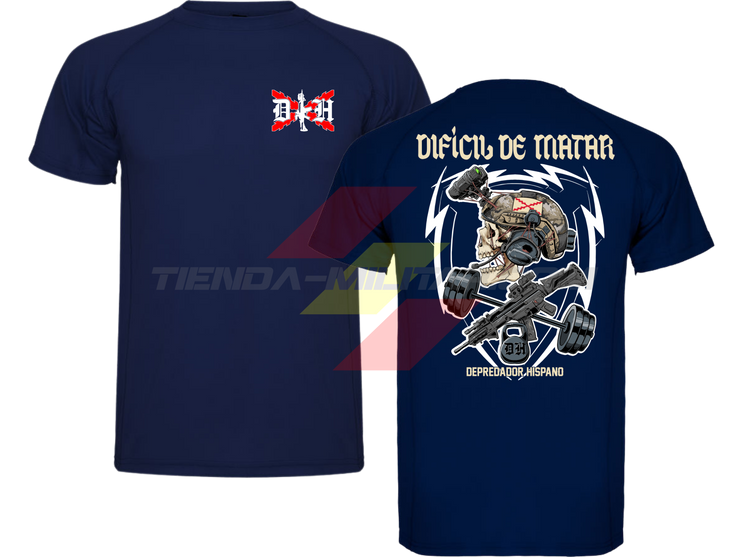 Camiseta POLIÉSTER en color AZUL MARINO de Depredador Hispano con logo D✠H en el pecho y diseño trasero “DIFÍCIL DE MATAR”.