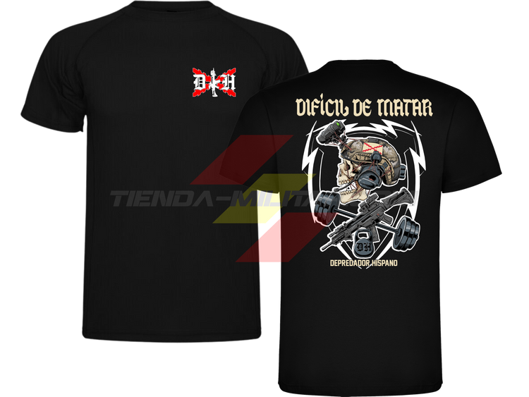 Camiseta POLIÉSTER en color NEGRO de Depredador Hispano con logo D✠H en el pecho y diseño trasero “DIFÍCIL DE MATAR”.