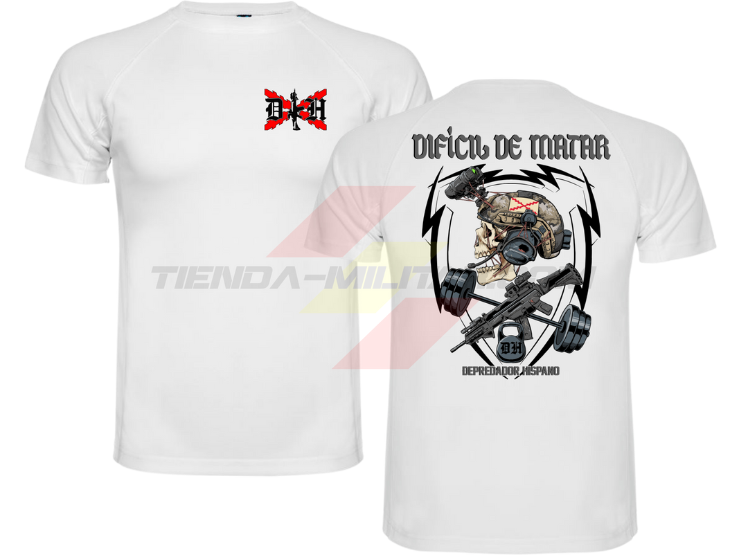 Camiseta POLIÉSTER en color BLANCO de Depredador Hispano con logo D✠H en el pecho y diseño trasero “DIFÍCIL DE MATAR”.