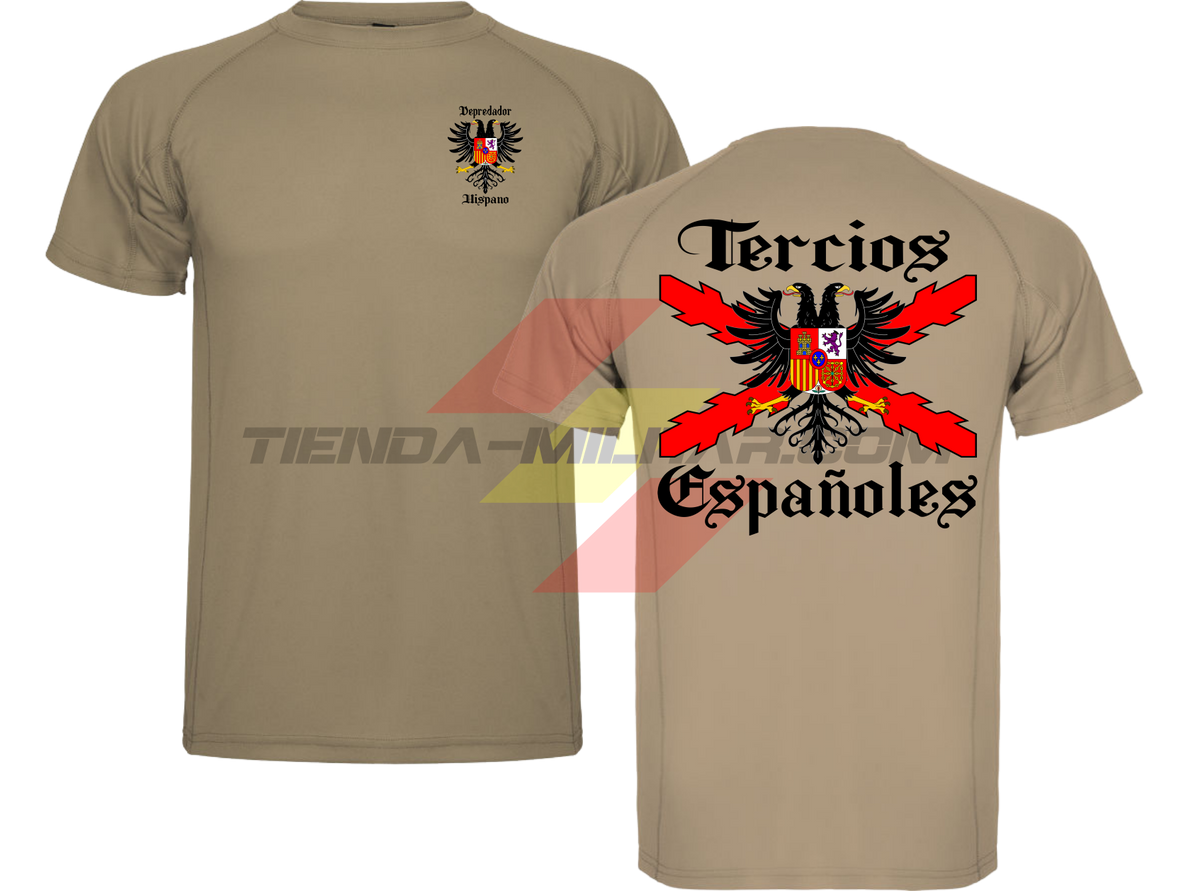 Camiseta técnica Tercios Españoles de Depredador Hispano en color arena oscuro, con el escudo DH en el pecho y el águila bicéfala de los Tercios en la espalda.