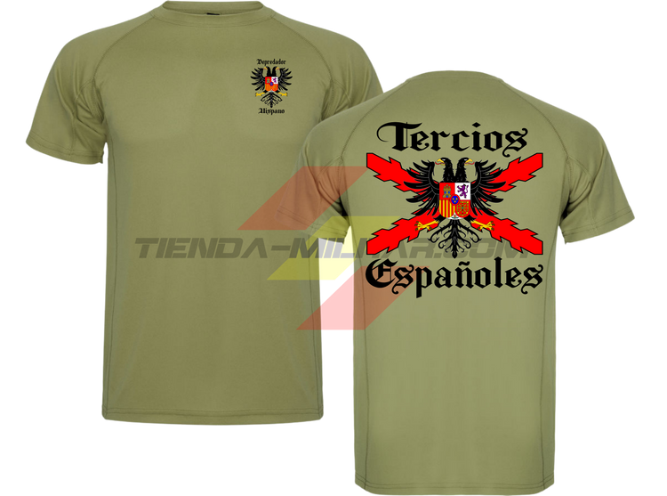 Camiseta técnica Tercios Españoles de Depredador Hispano en color verde militar, con el escudo DH en el pecho y el águila bicéfala de los Tercios en la espalda.