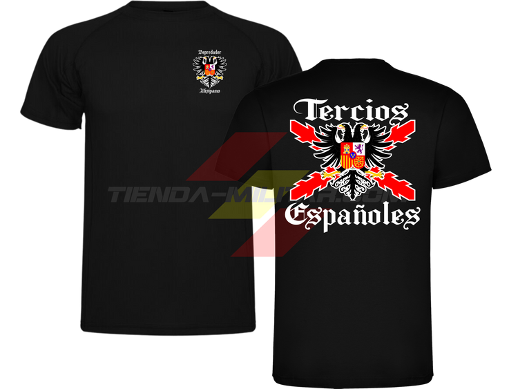 Camiseta técnica Tercios Españoles de Depredador Hispano en color negro, con el escudo DH en el pecho y el águila bicéfala de los Tercios en la espalda.