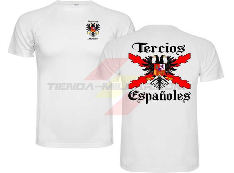 Camiseta técnica Tercios Españoles de Depredador Hispano en color blanco, con el escudo DH en el pecho y el águila bicéfala de los Tercios en la espalda.