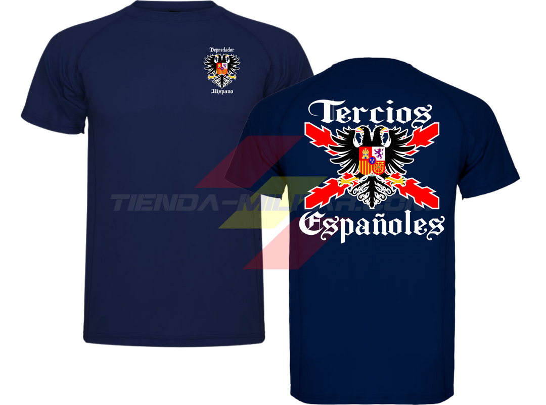 Camiseta técnica Tercios Españoles de Depredador Hispano en color azul marino, con el escudo DH en el pecho y el águila bicéfala de los Tercios en la espalda.