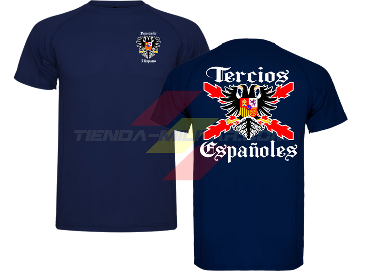 Camiseta técnica Tercios Españoles de Depredador Hispano en color azul marino, con el escudo DH en el pecho y el águila bicéfala de los Tercios en la espalda.