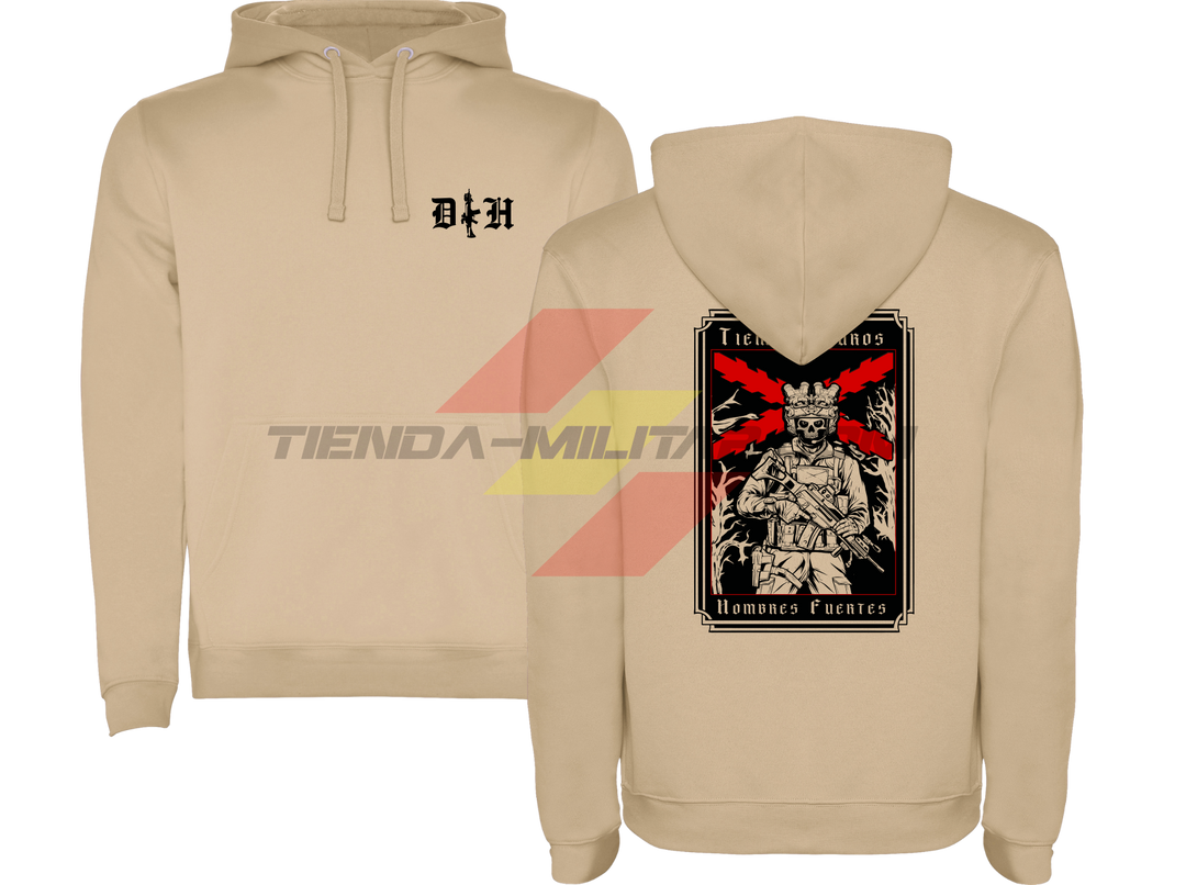 SUDADERA ALGODÓN PREMIUM en color ARENA de Depredador Hispano.

En su parte DELANTERA las iniciales de Depredador Hispano y un fusil táctico en posición vertical.

En la parte TRASERA la bandera de la Cruz de Borgoña ROJA, un soldado moderno con casco y fusil táctico, y lleva la frase “TIEMPOS DUROS, HOMBRES FUERTES”. Ropa militar de alto rendimiento.