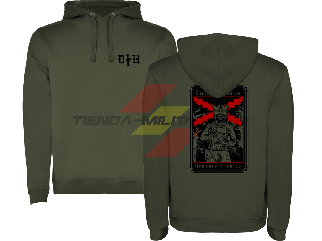 SUDADERA ALGODÓN PREMIUM en color VERDE MILITAR de Depredador Hispano.

En su parte DELANTERA las iniciales de Depredador Hispano y un fusil táctico en posición vertical.

En la parte TRASERA la bandera de la Cruz de Borgoña ROJA, un soldado moderno con casco y fusil táctico, y lleva la frase “TIEMPOS DUROS, HOMBRES FUERTES”. Ropa militar de alto rendimiento.