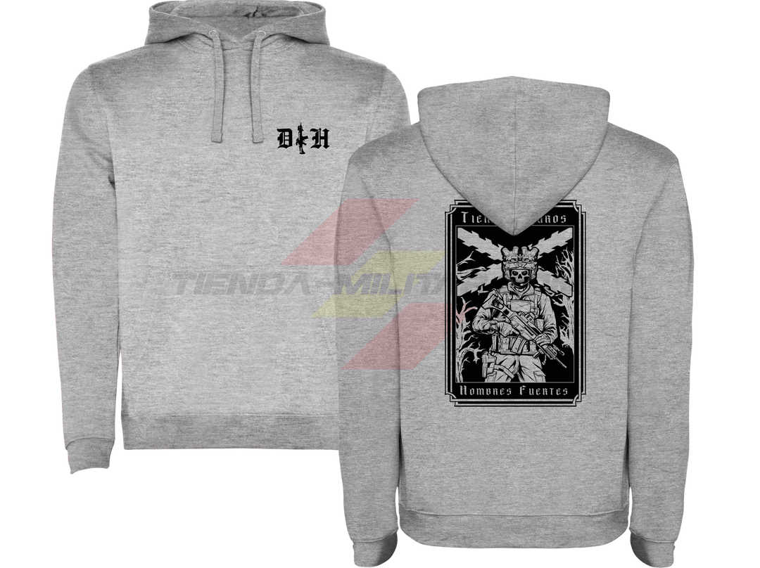 SUDADERA ALGODÓN PREMIUM en color GRIS de Depredador Hispano.

En su parte DELANTERA las iniciales de Depredador Hispano y un fusil táctico en posición vertical.

En la parte TRASERA la bandera de la Cruz de Borgoña, un soldado moderno con casco y fusil táctico, y lleva la frase “TIEMPOS DUROS, HOMBRES FUERTES”. Ropa militar de alto rendimiento.