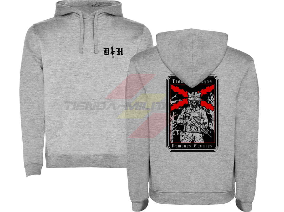 SUDADERA ALGODÓN PREMIUM en color GRIS de Depredador Hispano.

En su parte DELANTERA las iniciales de Depredador Hispano y un fusil táctico en posición vertical.

En la parte TRASERA la bandera de la Cruz de Borgoña ROJA, un soldado moderno con casco y fusil táctico, y lleva la frase “TIEMPOS DUROS, HOMBRES FUERTES”. Ropa militar de alto rendimiento.