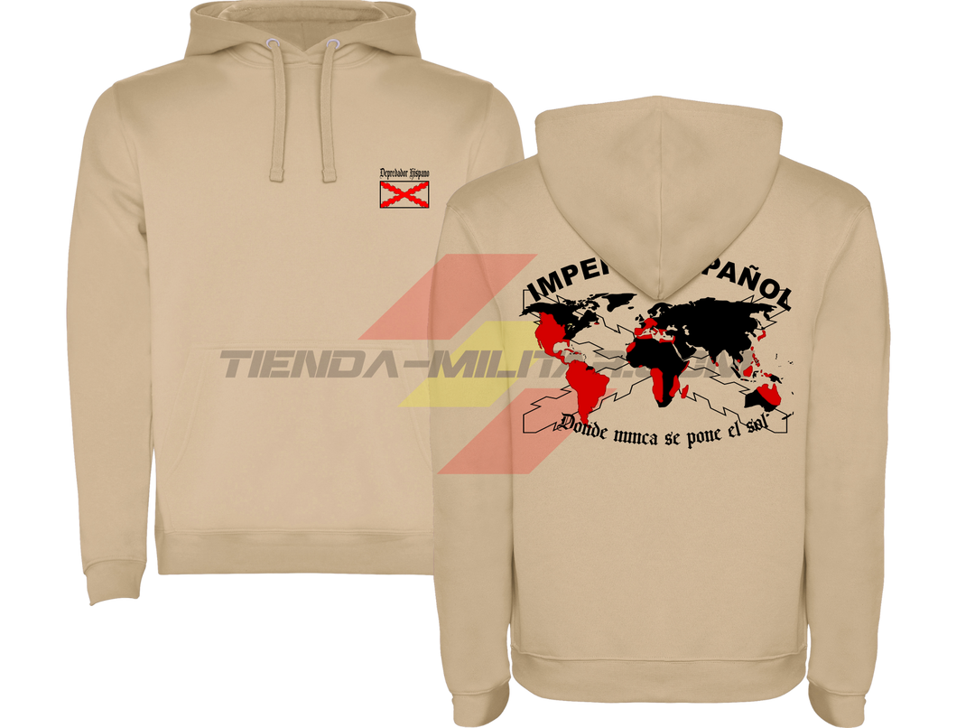 SUDADERA ALGODÓN PREMIUM en color ARENA de Depredador Hispano con la bandera de la Cruz de Borgoña y el mapa mundial con el Imperio Español, Donde Nunca se Ponía el Sol.