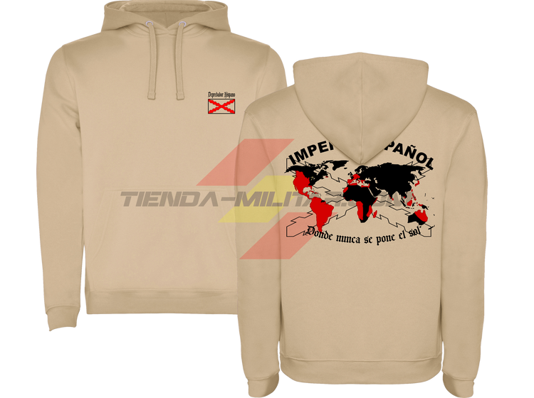 SUDADERA ALGODÓN PREMIUM en color ARENA de Depredador Hispano con la bandera de la Cruz de Borgoña y el mapa mundial con el Imperio Español, Donde Nunca se Ponía el Sol.