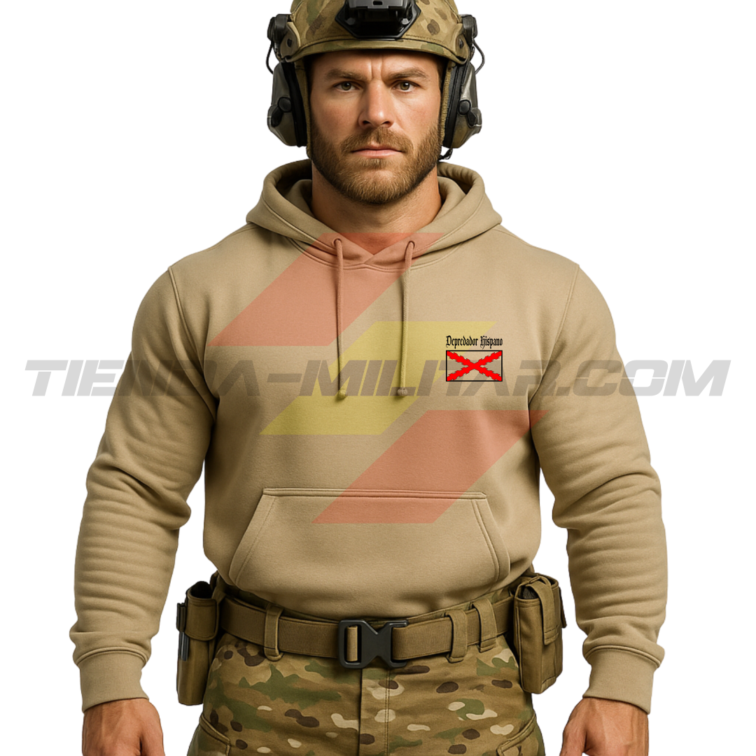 Parte DELANTERA de un Guerrero Hispano moderno con una sudadera hecha en ALGODÓN PREMIUM en color ARENA de Depredador Hispano con la bandera de la Cruz de Borgoña.