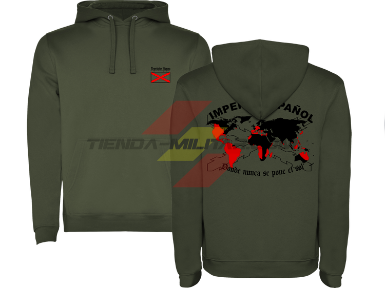 SUDADERA ALGODÓN PREMIUM en color VERDE MILITAR de Depredador Hispano con la bandera de la Cruz de Borgoña y el mapa mundial con el Imperio Español, Donde Nunca se Ponía el Sol.