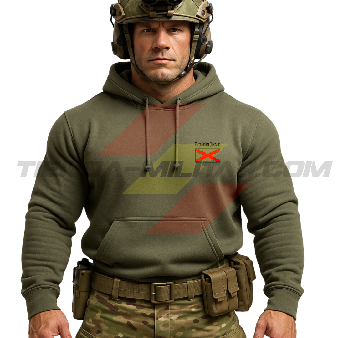 Parte DELANTERA de un Guerrero Hispano moderno con una sudadera hecha en ALGODÓN PREMIUM en color VERDE MILITAR de Depredador Hispano con la bandera de la Cruz de Borgoña.