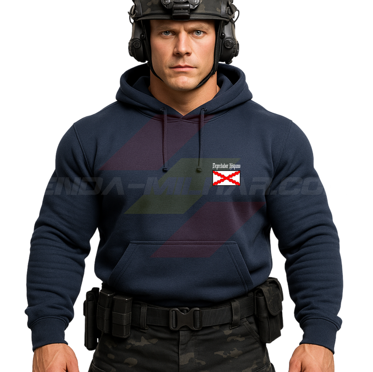 Parte DELANTERA de un Guerrero Hispano moderno con una sudadera hecha en ALGODÓN PREMIUM en color AZUL MARINO de Depredador Hispano con la bandera de la Cruz de Borgoña.