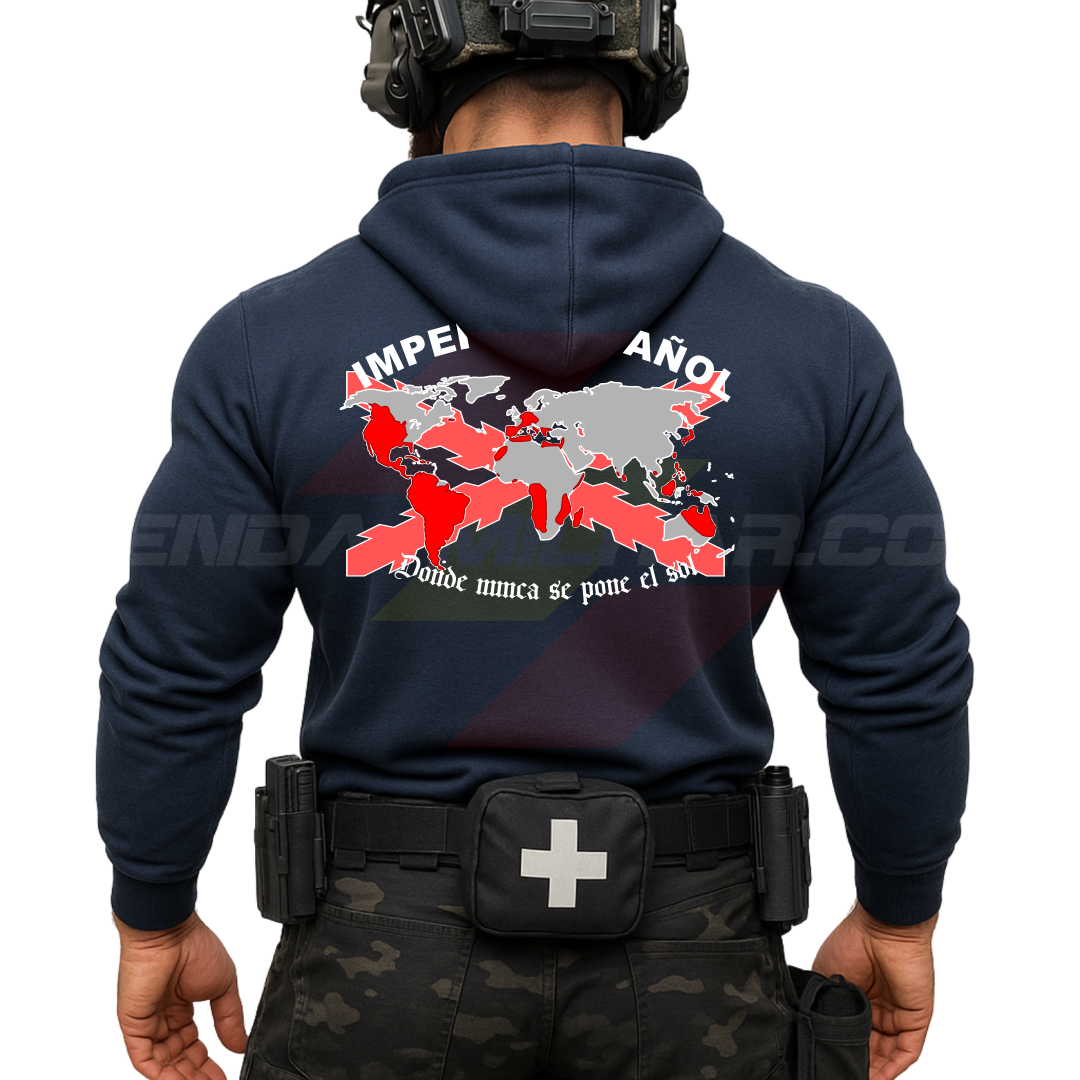Parte TRASERA de un Guerrero Hispano moderno con una sudadera hecha en ALGODÓN PREMIUM en color AZUL MARINO de Depredador Hispano con la bandera de la Cruz de Borgoña y el mapa mundial con el Imperio Español, Donde Nunca se Pone el Sol.