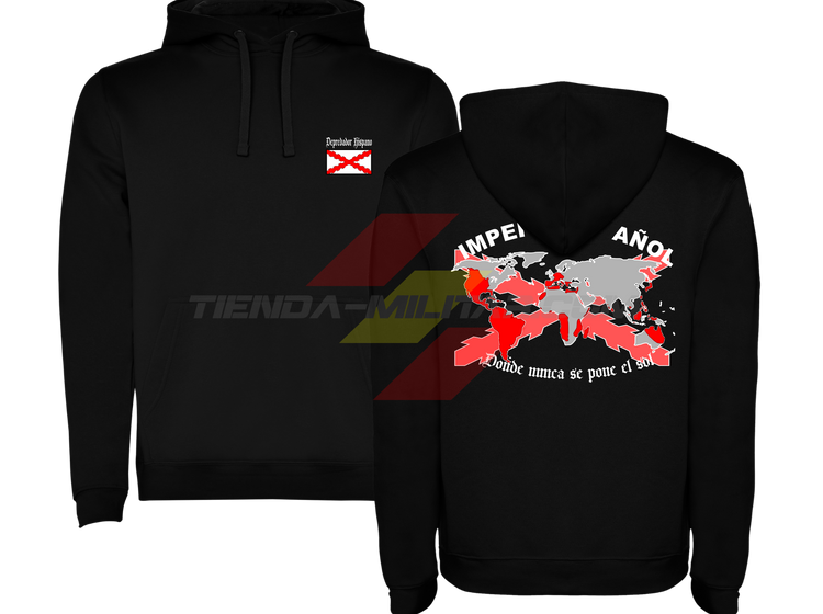 SUDADERA ALGODÓN PREMIUM en color NEGRO de Depredador Hispano con la bandera de la Cruz de Borgoña y el mapa mundial con el Imperio Español, Donde Nunca se Ponía el Sol.