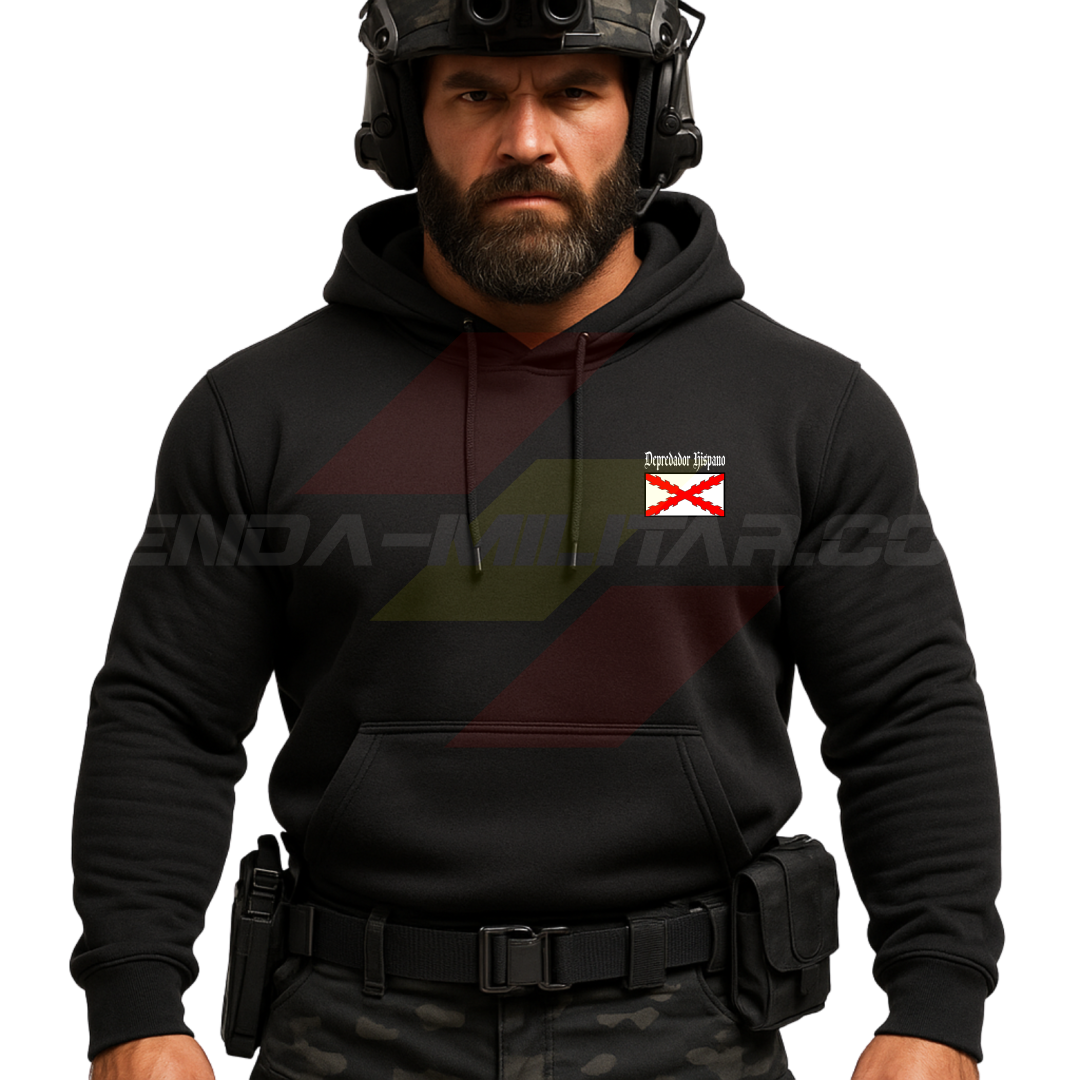 Parte DELANTERA de un Guerrero Hispano moderno con una sudadera hecha en ALGODÓN PREMIUM en color NEGRO de Depredador Hispano con la bandera de la Cruz de Borgoña.