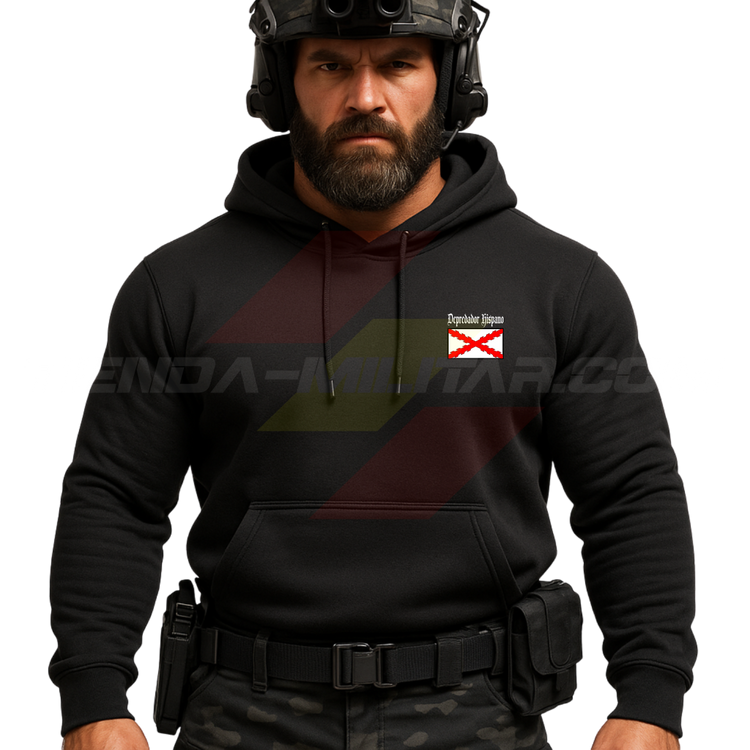 Parte DELANTERA de un Guerrero Hispano moderno con una sudadera hecha en ALGODÓN PREMIUM en color NEGRO de Depredador Hispano con la bandera de la Cruz de Borgoña.