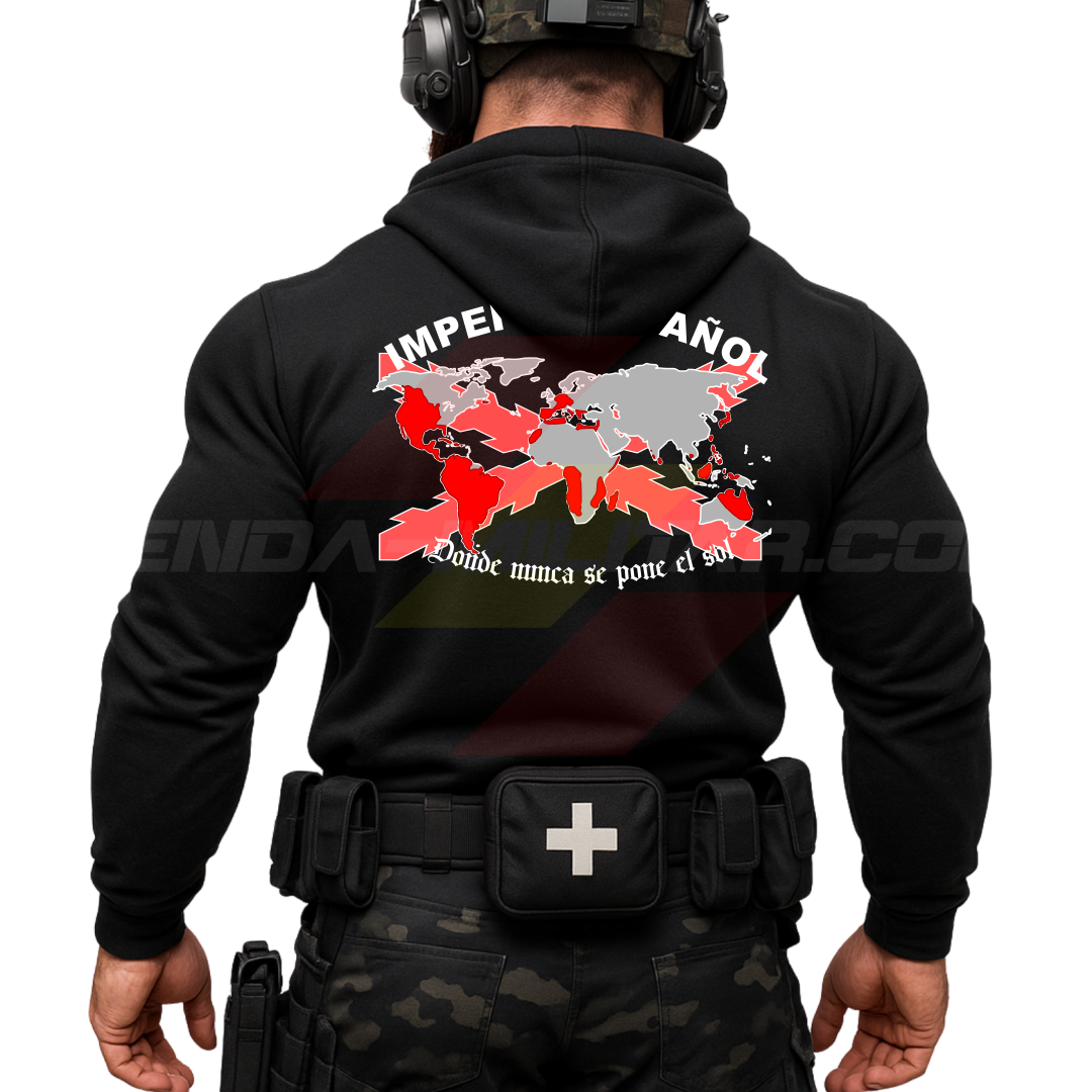 Parte TRASERA de un Guerrero Hispano moderno con una sudadera hecha en ALGODÓN PREMIUM en color NEGRO de Depredador Hispano con la bandera de la Cruz de Borgoña y el mapa mundial con el Imperio Español, Donde Nunca se Pone el Sol.