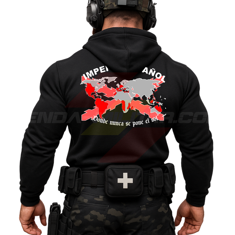 Parte TRASERA de un Guerrero Hispano moderno con una sudadera hecha en ALGODÓN PREMIUM en color NEGRO de Depredador Hispano con la bandera de la Cruz de Borgoña y el mapa mundial con el Imperio Español, Donde Nunca se Pone el Sol.