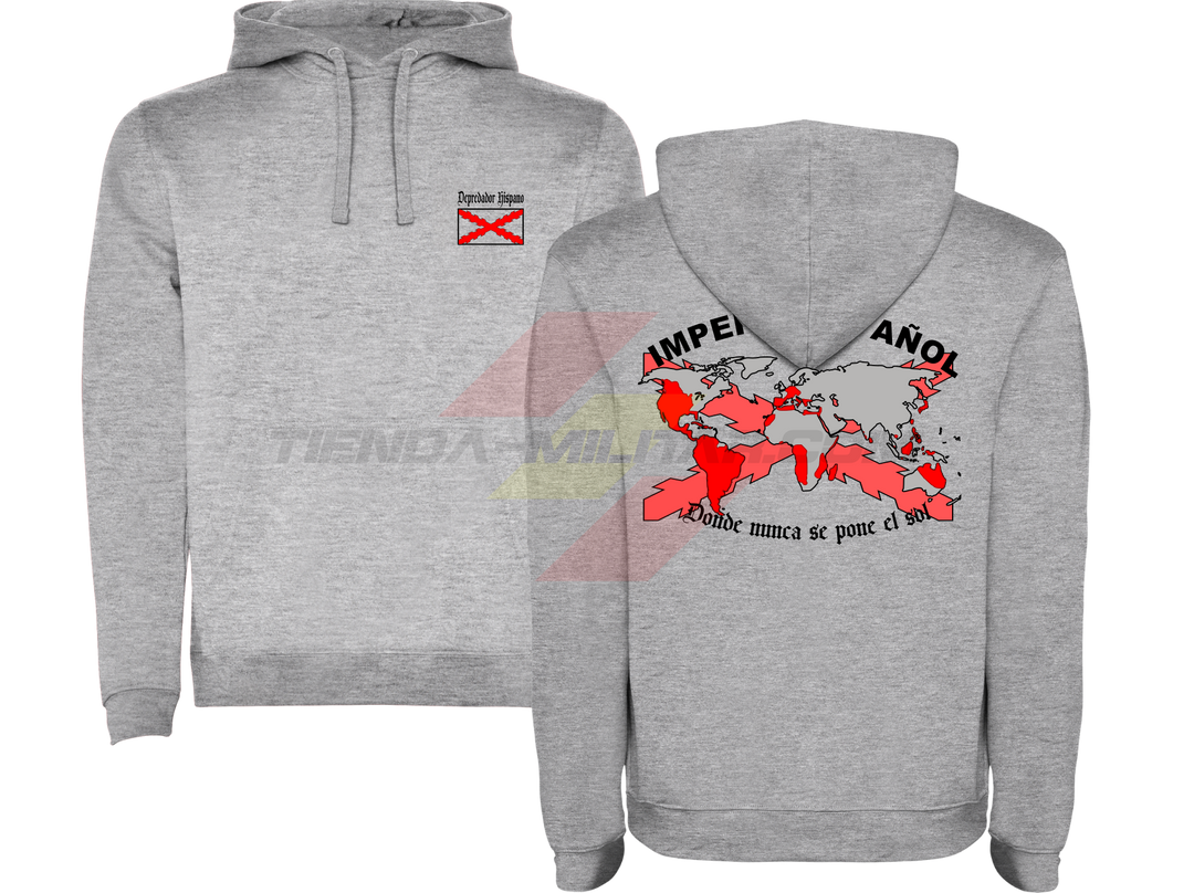 SUDADERA ALGODÓN PREMIUM en color GRIS VIGORE de Depredador Hispano con la bandera de la Cruz de Borgoña y el mapa mundial con el Imperio Español, Donde Nunca se Ponía el Sol.