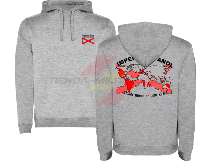 SUDADERA ALGODÓN PREMIUM en color GRIS VIGORE de Depredador Hispano con la bandera de la Cruz de Borgoña y el mapa mundial con el Imperio Español, Donde Nunca se Ponía el Sol.