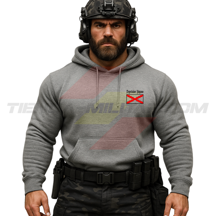 Parte DELANTERA de un Guerrero Hispano moderno con una sudadera hecha en ALGODÓN PREMIUM en color GRIS VIGORE de Depredador Hispano con la bandera de la Cruz de Borgoña.