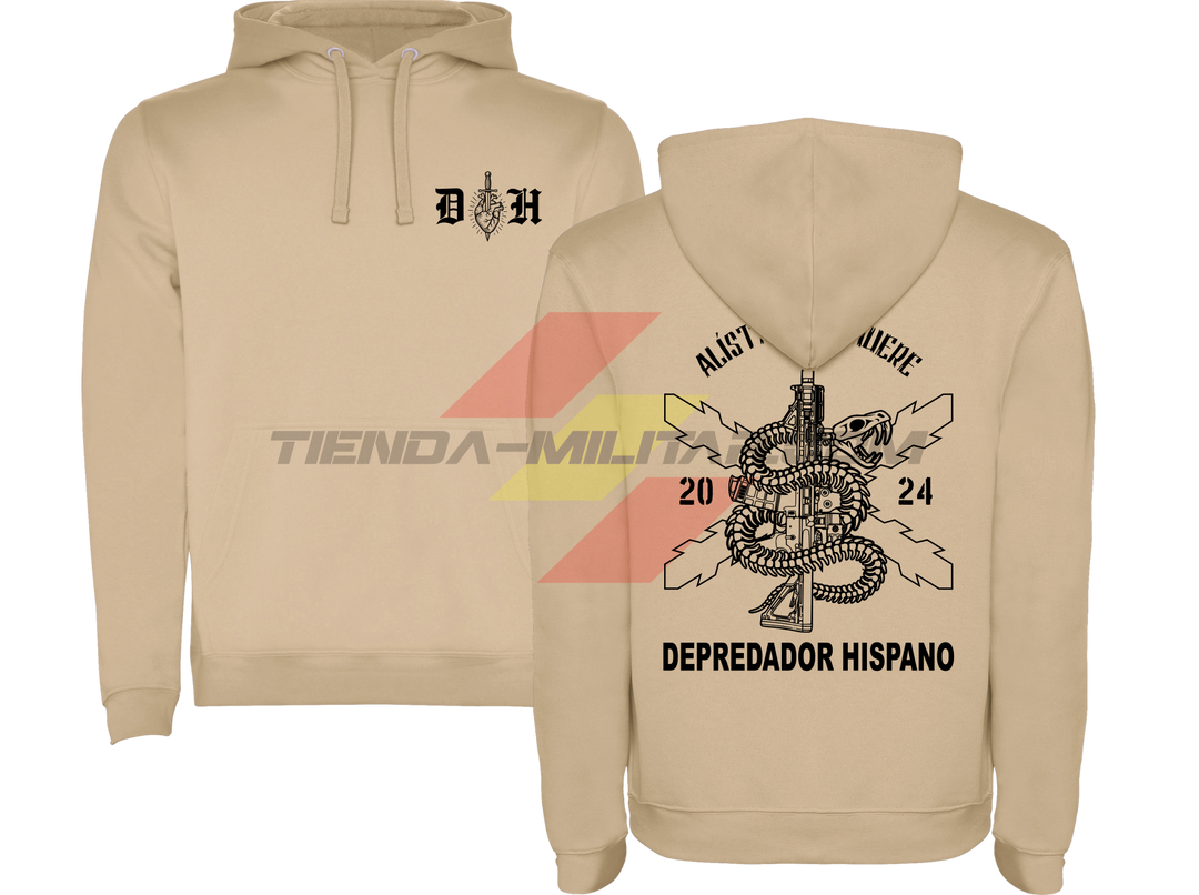 Sudadera militar con capucha color ARENA Alístate o Muere: delante el emblema DH y detrás la serpiente enroscada en un fusil con la Cruz de Borgoña y el lema en negro.