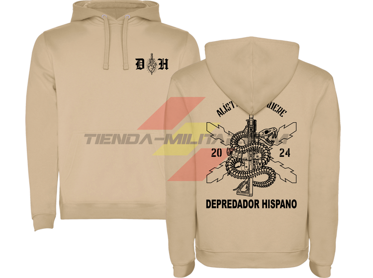 Sudadera militar con capucha color ARENA Alístate o Muere: delante el emblema DH y detrás la serpiente enroscada en un fusil con la Cruz de Borgoña y el lema en negro.